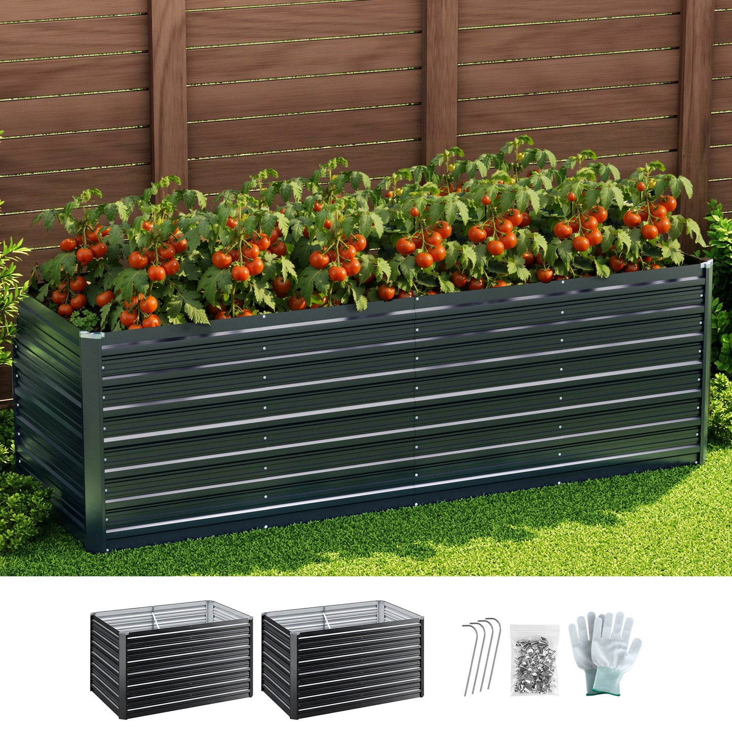Green Fingers 2-in-1 Raised Garden Bed Kit, 240cm/120cm| 77cm Extra Deep Ergonomic Planter Box | Protect Your Back | Galvanised Steel Vegetable Flower Pot for Outdoor Garden | Includes Gloves & Pegs