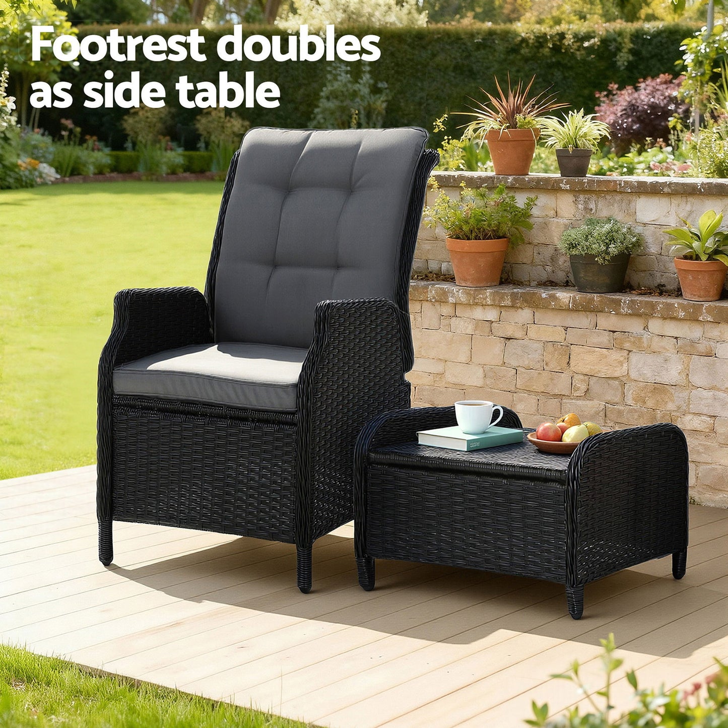 Gardeon Recliner Chair Sun lounge Wicker Lounger Outdoor Furniture Patio Adjustable Black