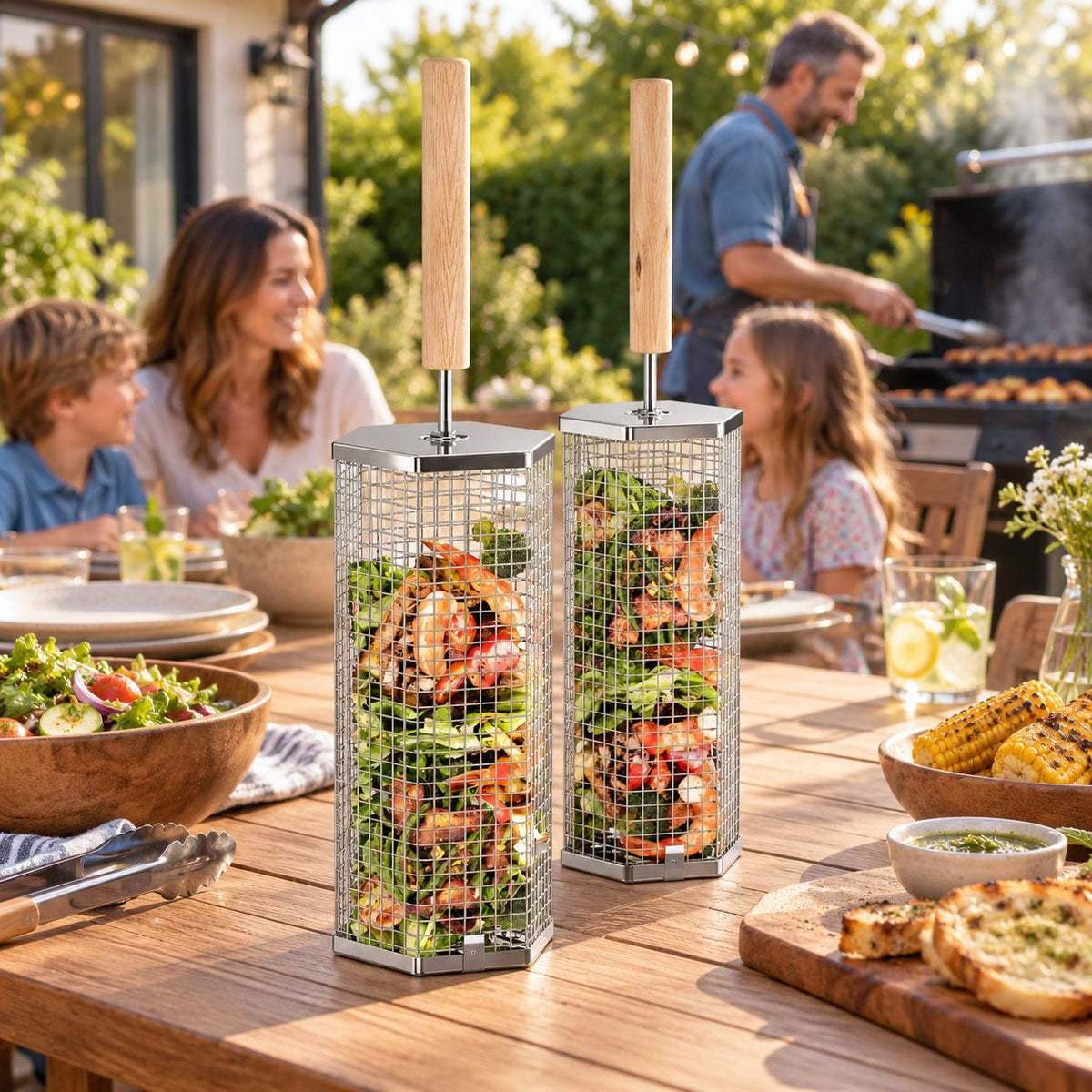 2Pcs Rolling Grill Basket with Removable Handle, 304 Stainless Steel BBQ Grilling Basket for Vegetables, Fish, Shrimp & Meat, Rotating Barbecue Cooking Basket for Outdoor Camping, Picnic & Backyard Grill