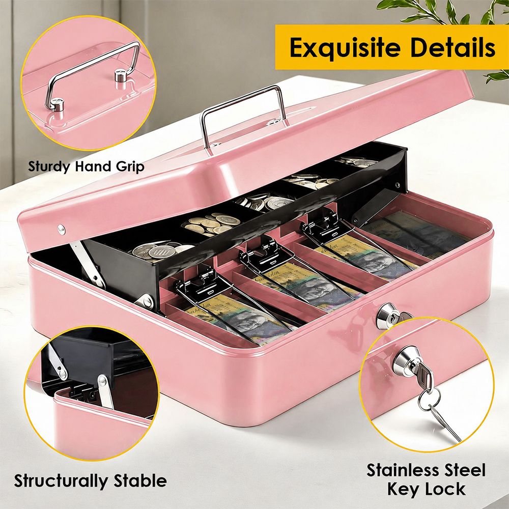 Lockable Metal Cash Box with 2 Keys, 4 Bill & 5 Coin Tray, Security Money Box with Anti-Loss Rope