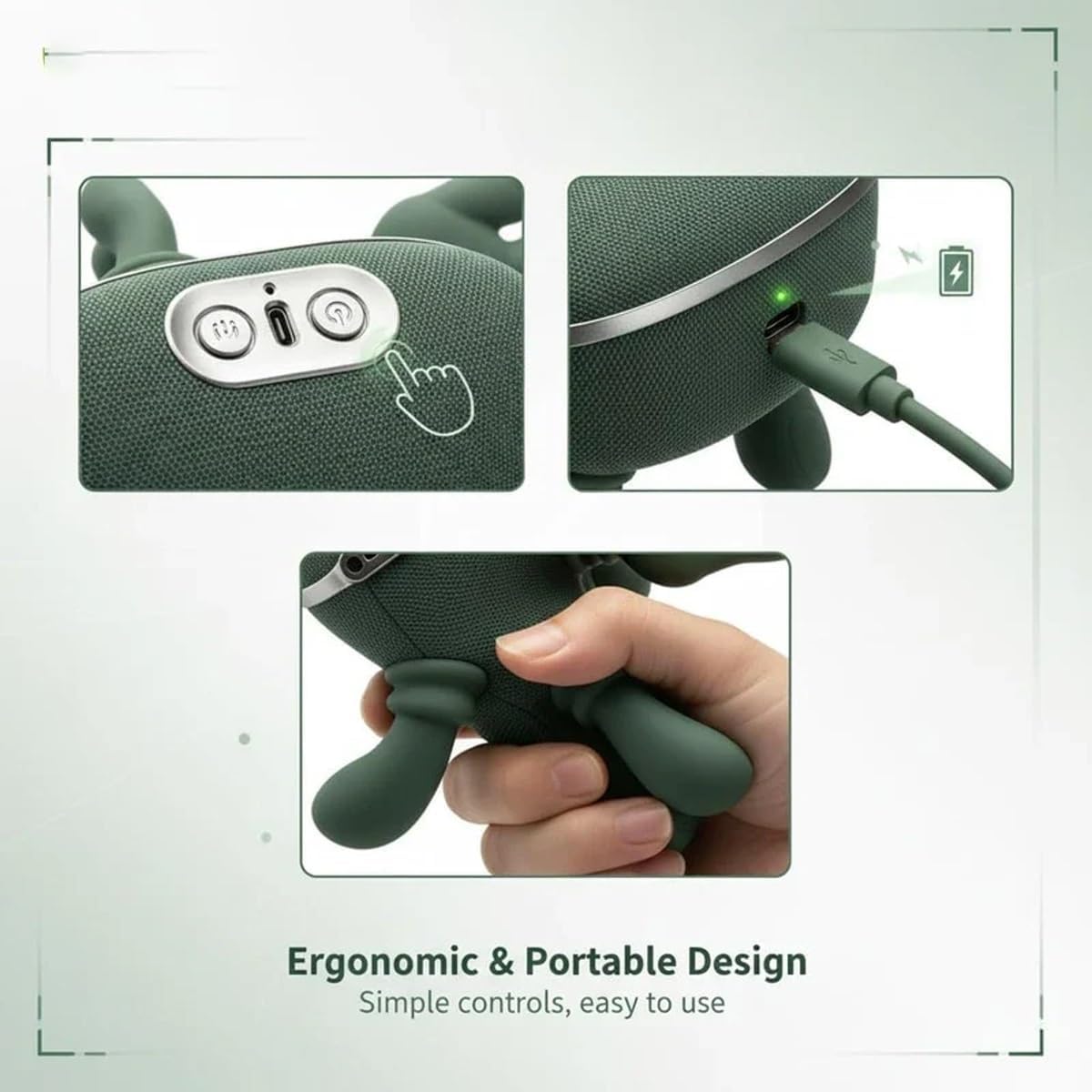 Massager, Real Hand Simulation Shiatsu Deep Tissue Electric Massager for Neck, Back & Shoulders, 3D Kneading, 3-Speed Adjustable USB Rechargeable (Green)