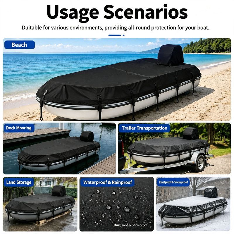 Trailerable 600D Oxford Pontoon Boat Cover with Integrated Attached Motor Hood, One‑Piece All‑In‑One Waterproof UV‑Resistant Boat Protector(29-32FT(1096*490cm))
