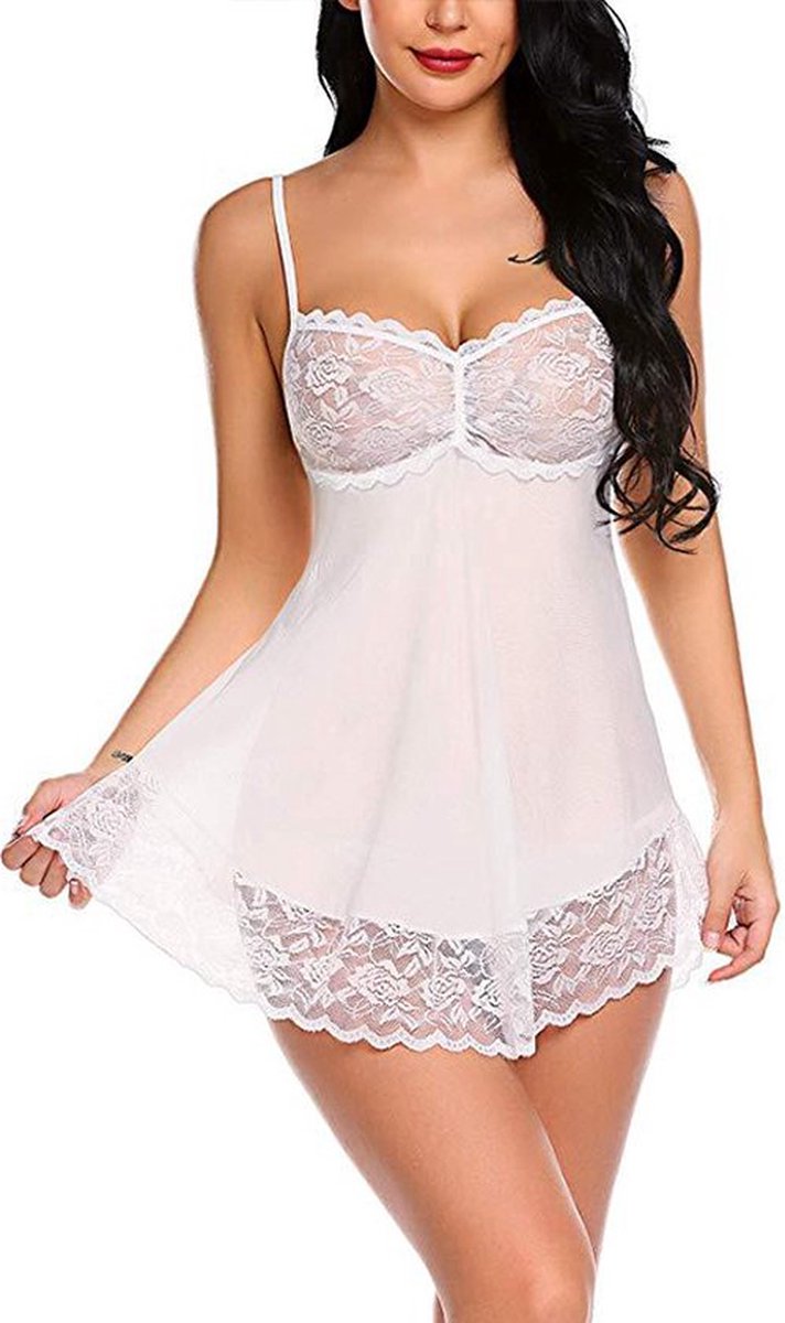 Erotic 2-Piece Lingerie Set | Nightgown & Panties | Sexy Lace Lingerie Set | Size LI White