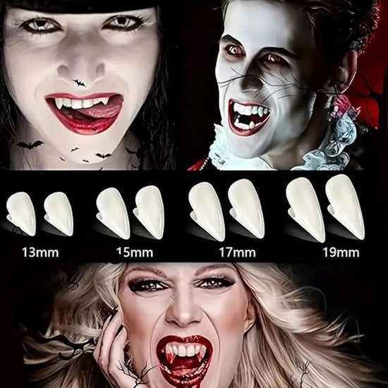Set of 4 pairs of vampire teeth - 4 sizes - Halloween cosplay vampire teeth - Includes 5g teeth gum - Great for cosplay at parties - Halloween - Demon - Witch