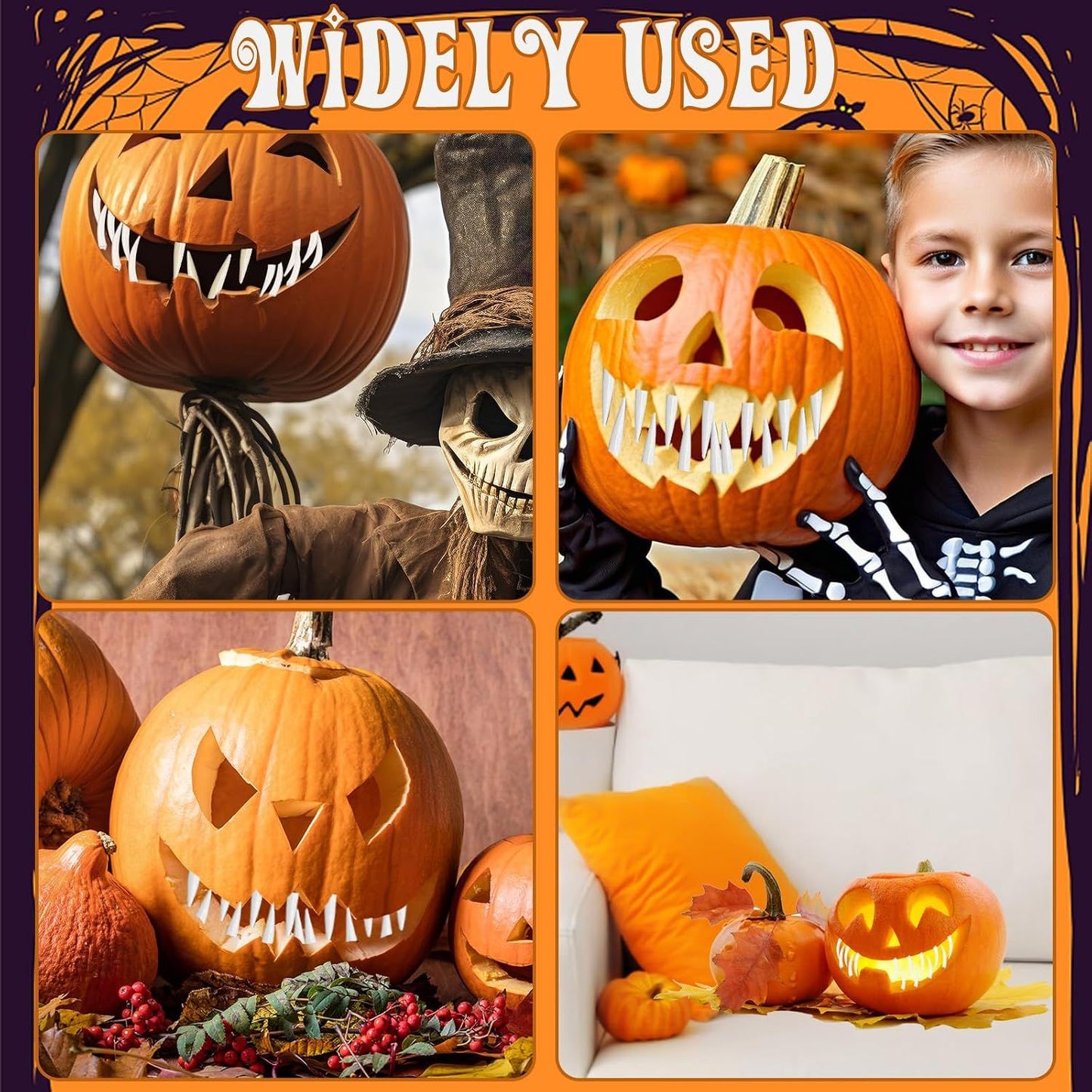 32 Pack Halloween Pumpkin Teeth Decorations, Plastic Fake Teeth Pumpkin Fang Decorating Kit, Horror Theme Party Decorations Carving Accessories, White