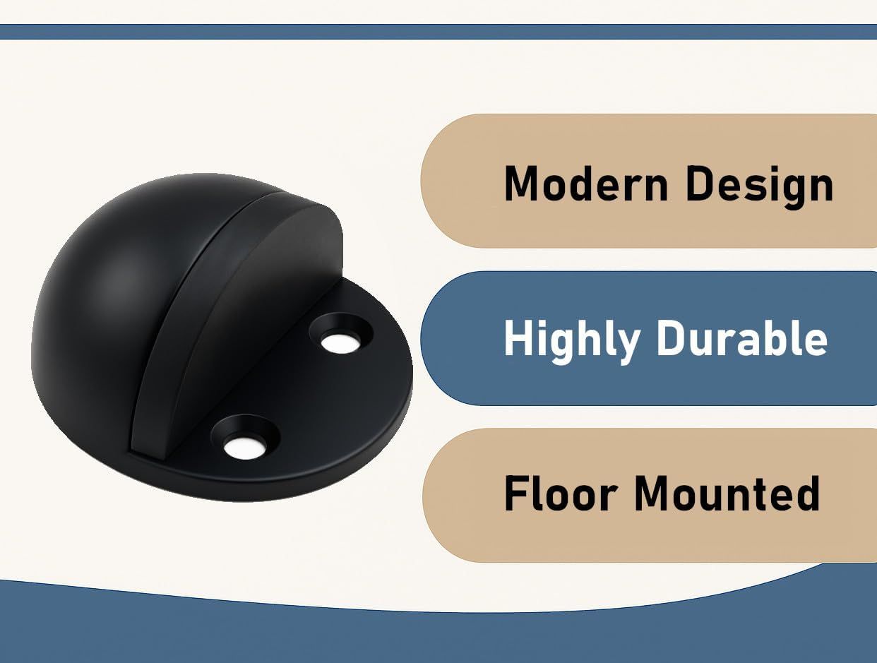 2 Pack Stainless Steel Door Stops with Rubber Buffers, Self-Adhesive or Screw Mount Wall Protectors, Matte Black, 4.8 x 2.5 cm