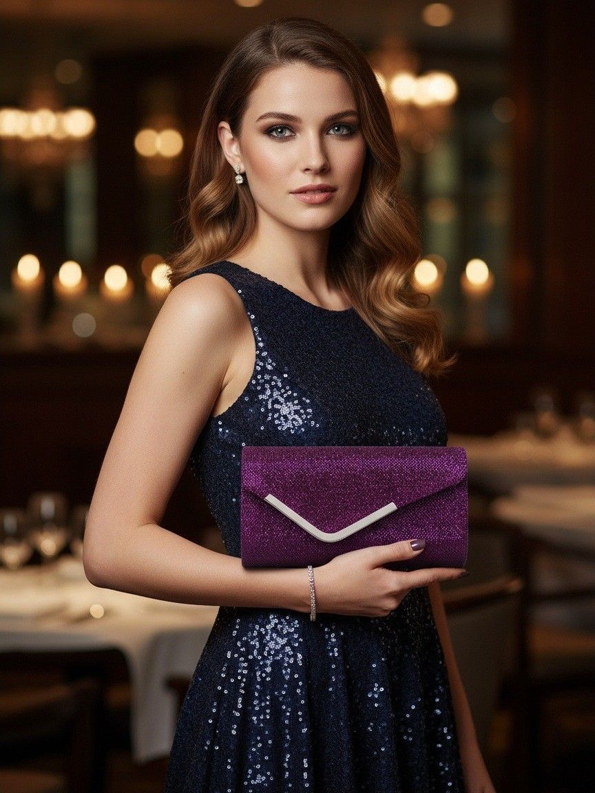 Women Fashion Wedding Evening Clutch Bag, V‑Shaped Metal Trim Versatile Chain Formal Party Handbag for Prom Banquet, Silver