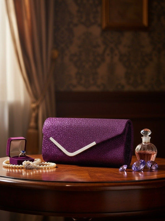 Women Fashion Wedding Evening Clutch Bag, V‑Shaped Metal Trim Versatile Chain Formal Party Handbag for Prom Banquet, Purple