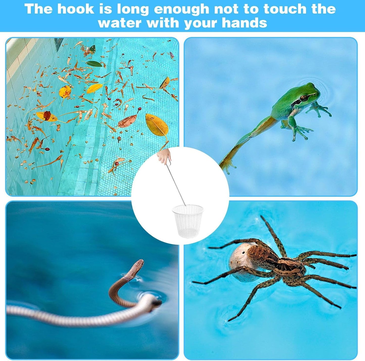 Pool Skimmer Basket Hook Tool, Stainless Steel Pool Skimmer Hook Extended Knee Protection Skimmer Basket Handle for Cleaning Swimming Pool Debris Skimmer Hook, Keep Your Hand Safe Skimmer Basket Hook
