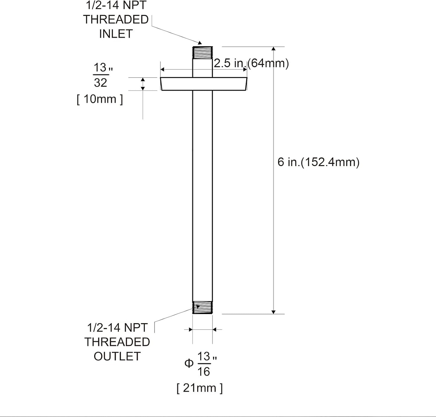 Shower Arm with Flange, 6 in Ceiling Mount Replacement Rain Shower Head Straight Arm Ceiling-Mounted For Fixed Shower Head & High Pressure Rain, Matte Black