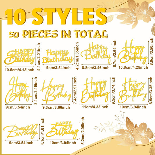 50 Pcs Happy Birthday Cake Toppers Bulk Mirror Acrylic Cupcake Topper Cupcake Decorations Happy Birthday Sign for Cake Side Inserts Decor Party Supplies 10 Style(Gold)