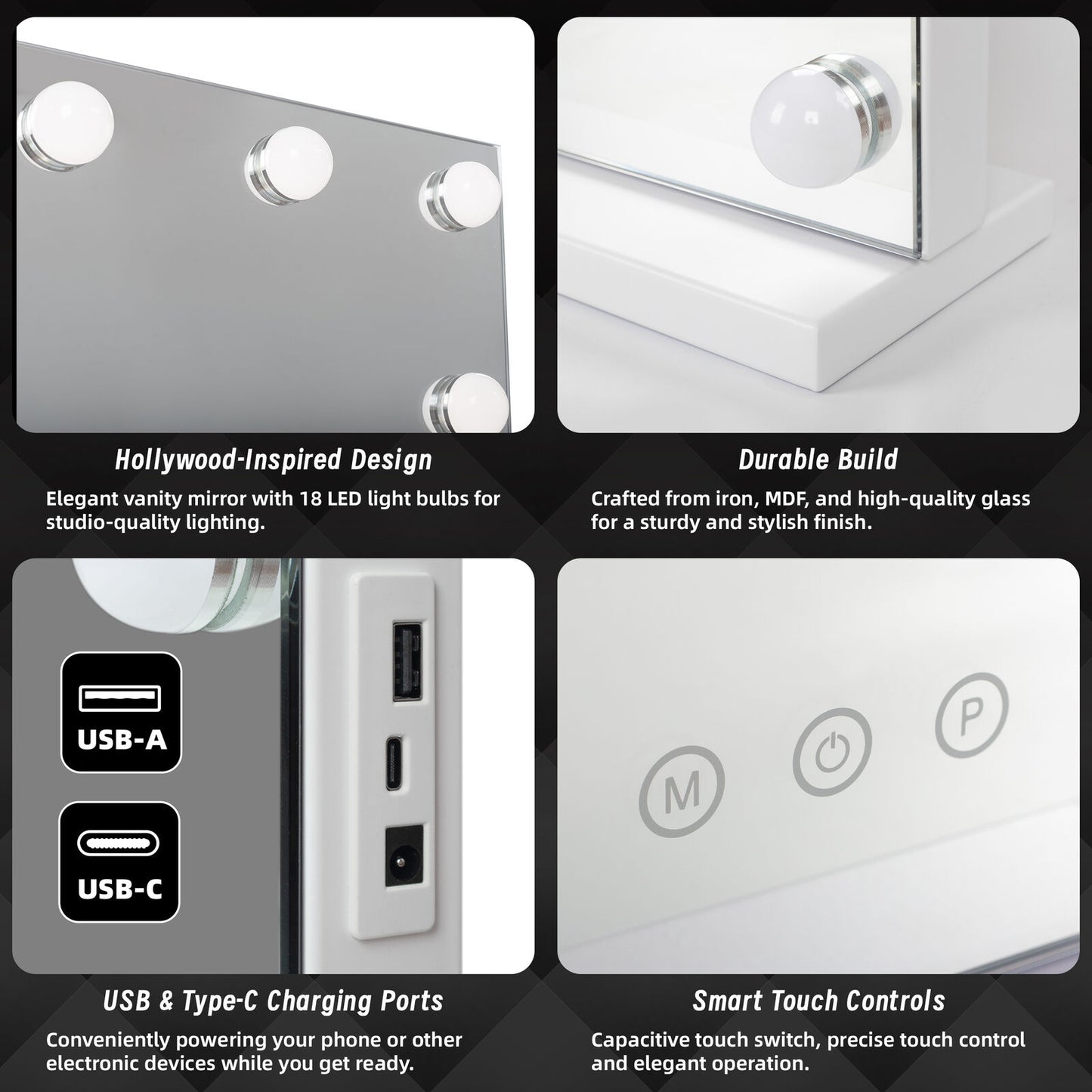 Beauty Mirror with 18 LED Bulbs, Colour Settings, White Frame, and USB A and C Ports