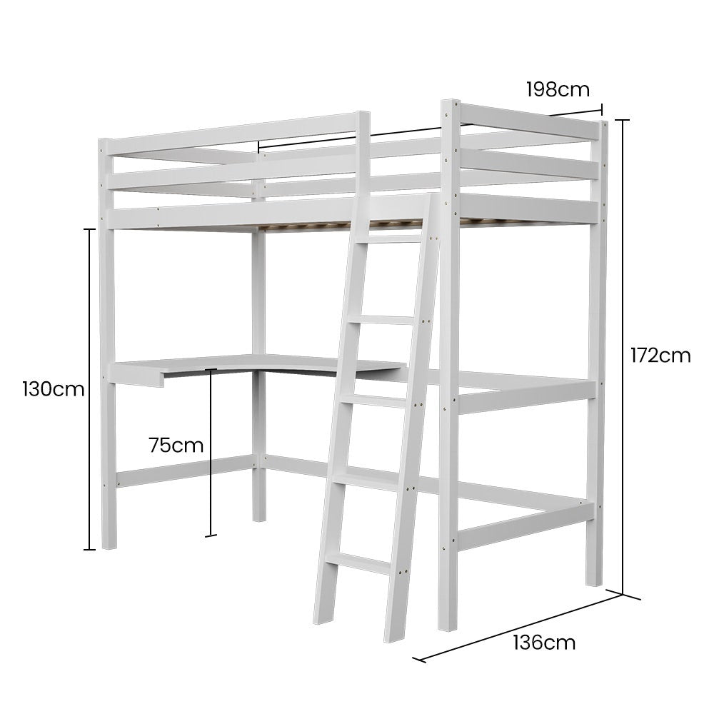 KINGSTON SLUMBER Wooden Kids Single Loft Bed Frame with Desk - White