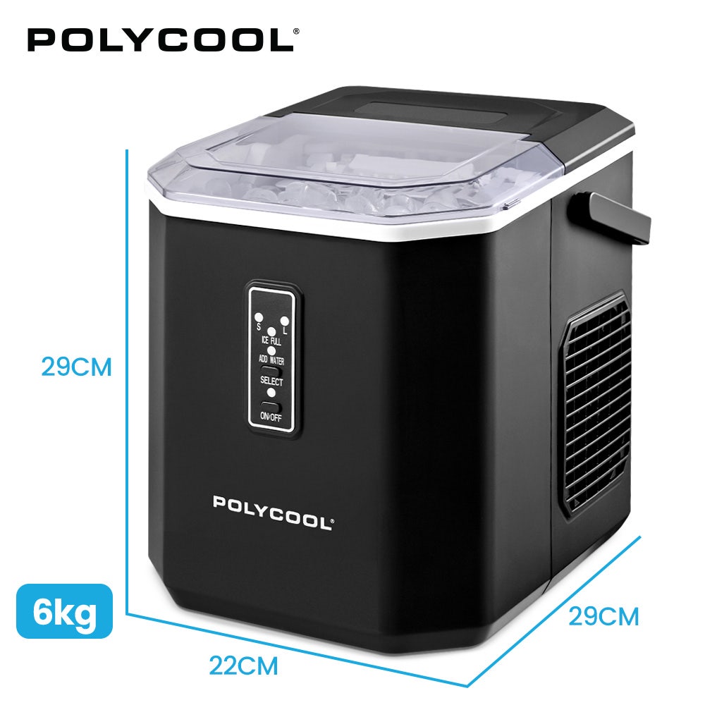 POLYCOOL Portable Ice Maker Machine, Automatic, 12kg/day, Auto Clean, with Scoop and Removable Basket, Black