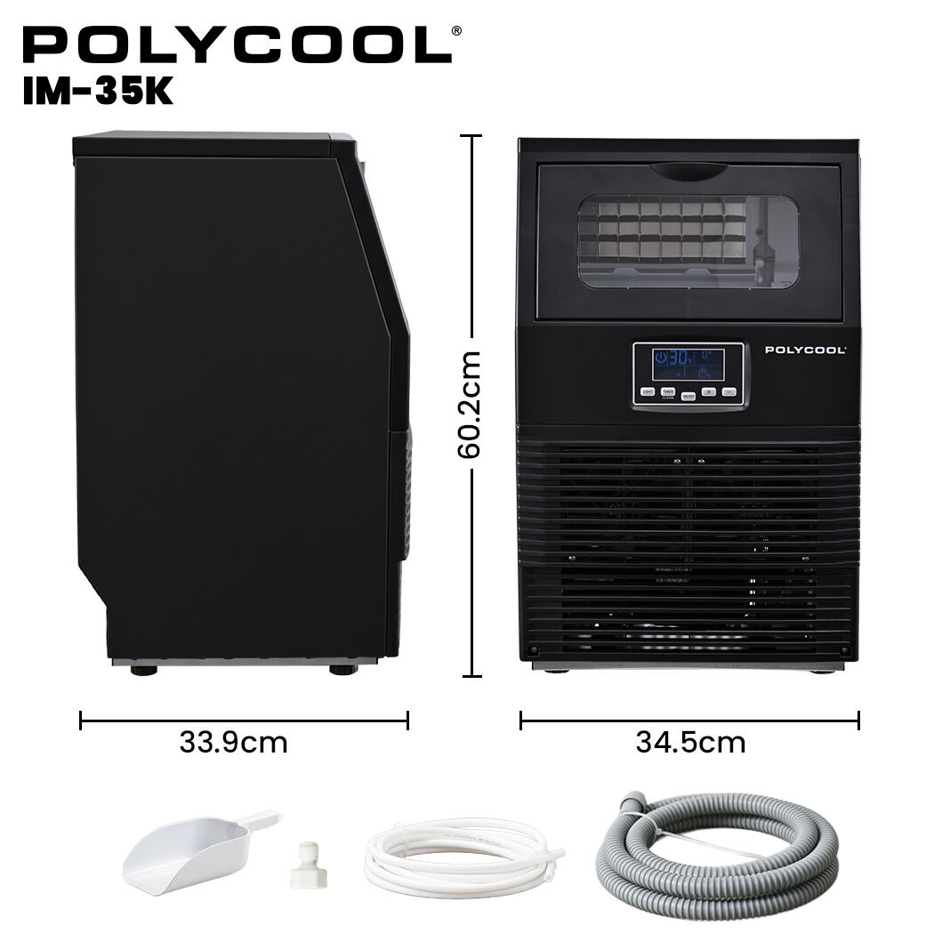 POLYCOOL Commercial Ice Maker Machine, up to 35kg/24hr, Timer & Self Cleaning Programs