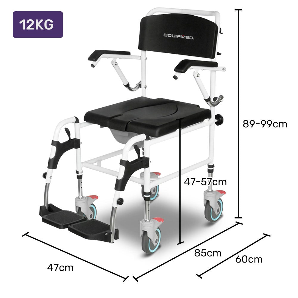 Equipmed Commode Shower Chair, Over Toilet or Bedside 136kg Capacity Aluminium frame with Wheels, Black
