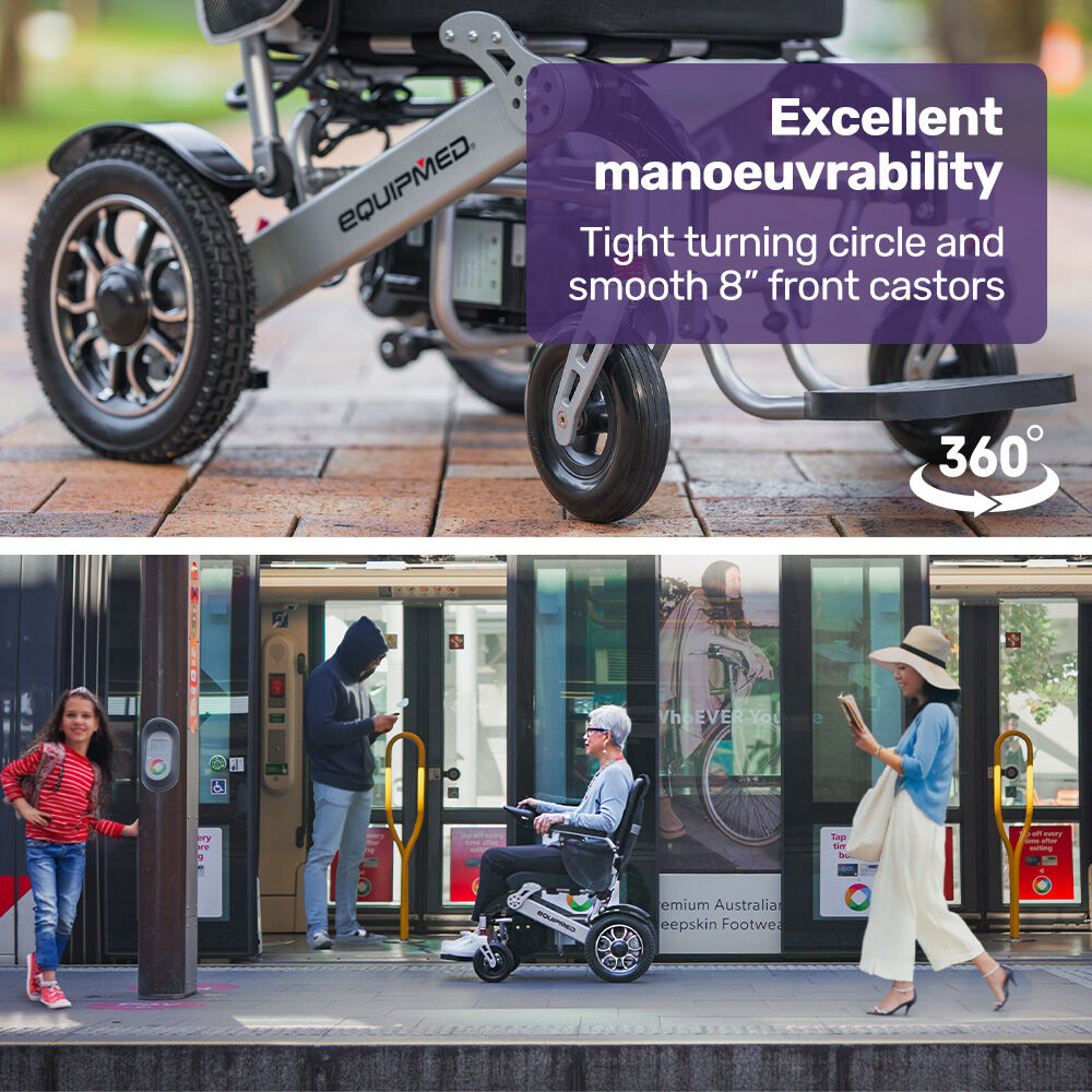 EQUIPMED Power Electric Wheelchair, Airline Approved Wheel Chair, Lightweight, Folding, Long Range, Lithium Batteries, Black & Silver