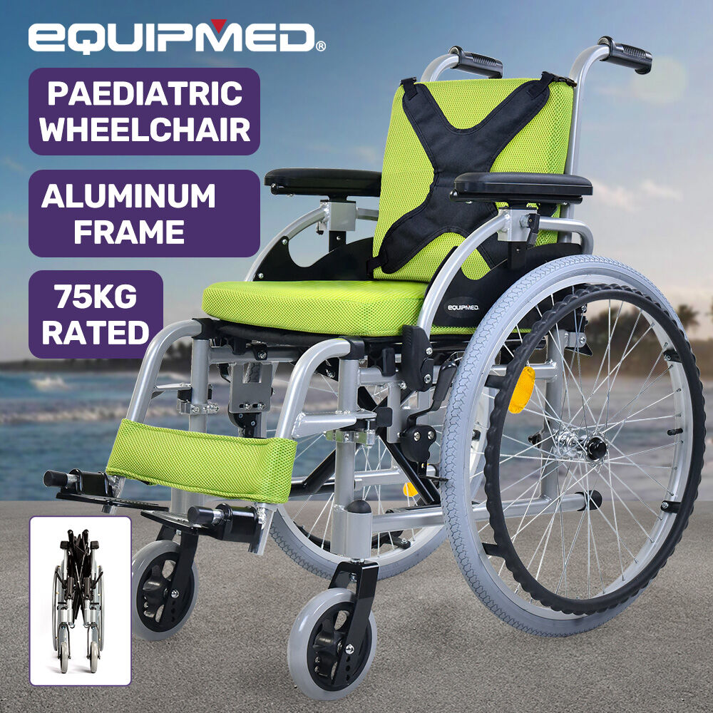 EQUIPMED Kids Premium Paediatric Wheelchair, Lightweight Aluminium, 22" Wheels, 75kg Rated, Green