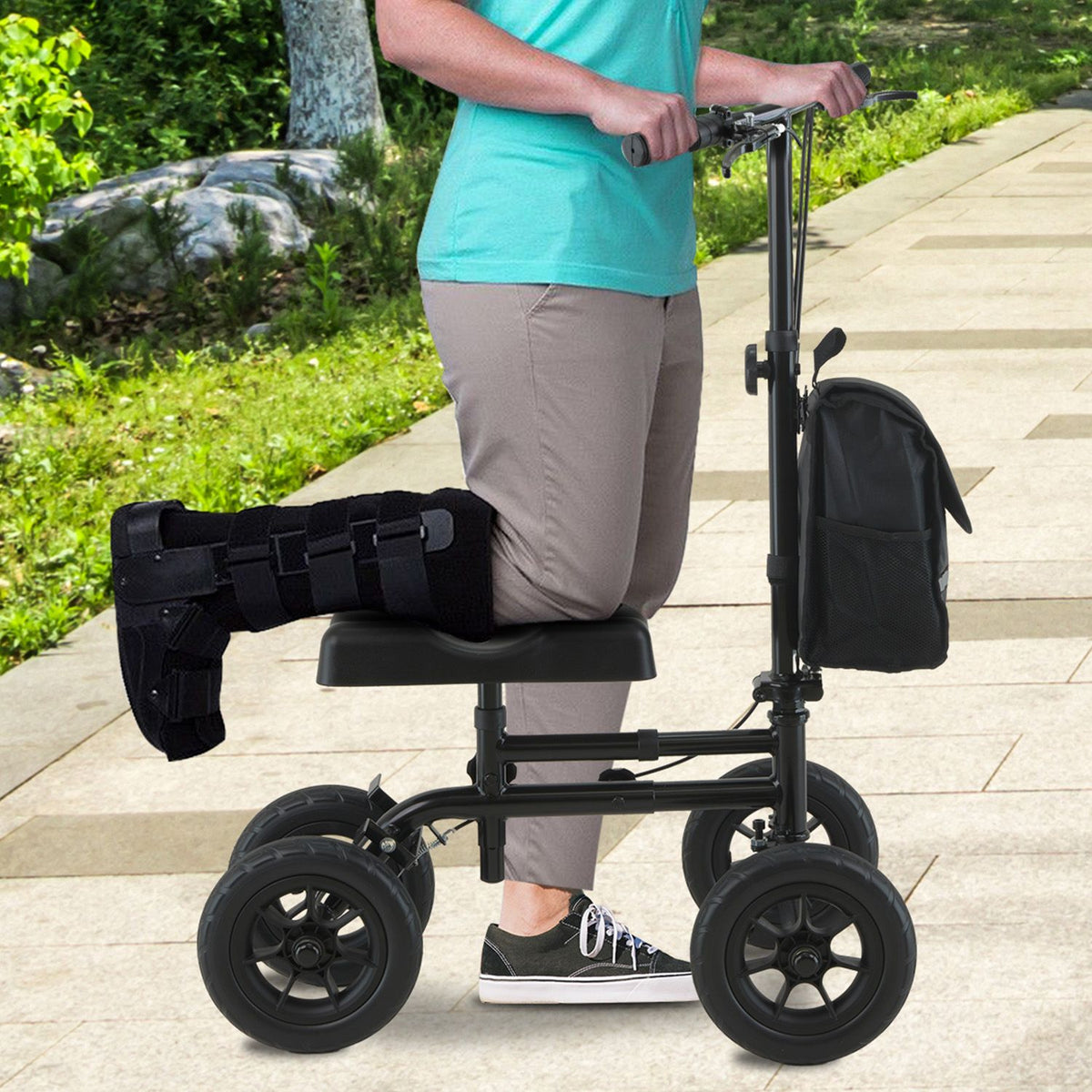 Orthonica Foldable Steel Knee Scooter Mobility Walker with 10-Inch Wheels Height Adjustable Storage Bag 136kg