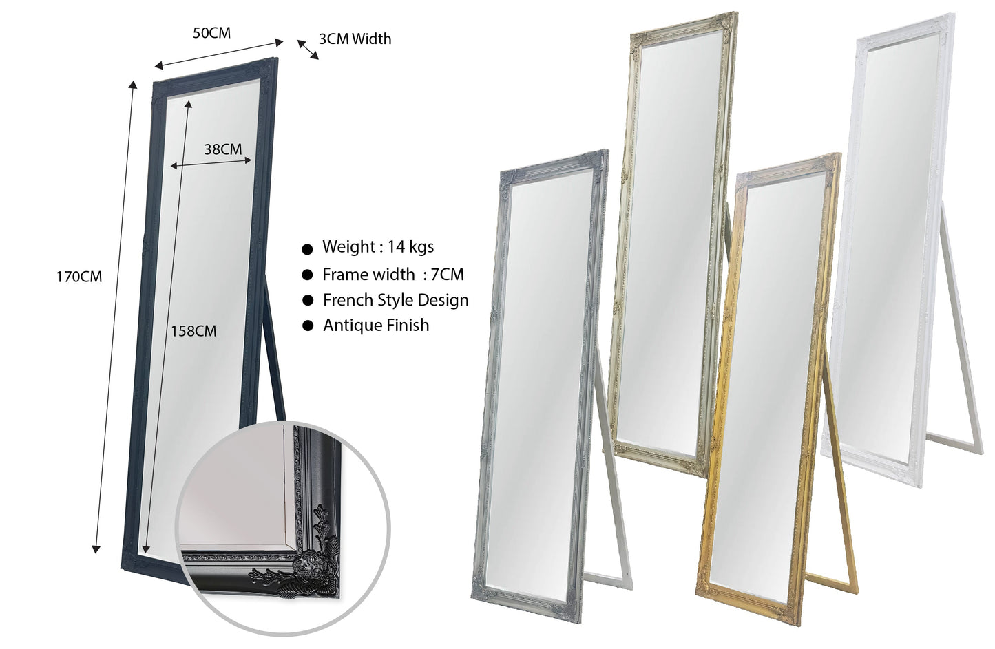 French Provincial Ornate Mirror - Black - Free Standing 50cm x 170cm