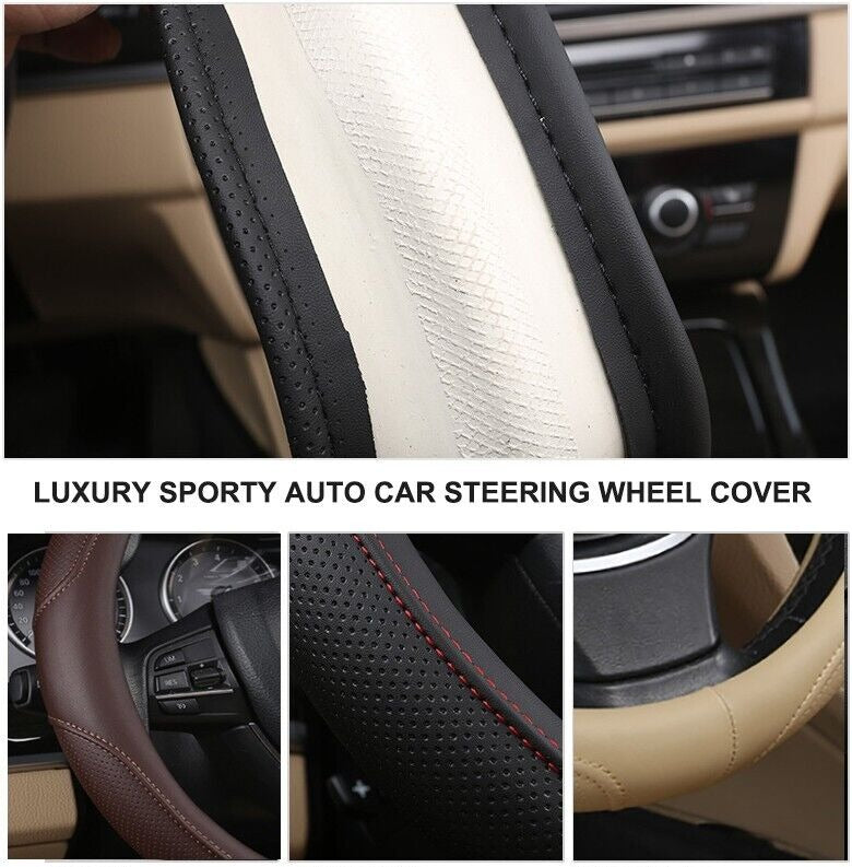 Universal Luxury Car 37-38cm Steering Wheel Cover PU Leather Non-slip Breathable (Black-red)
