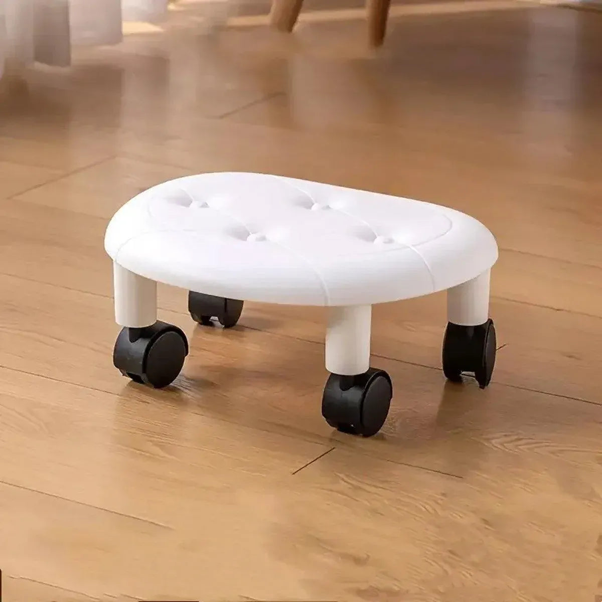 Imitation Leather Low Stool with Wheels Modern Bedroom Living Room Plastic Bench - White