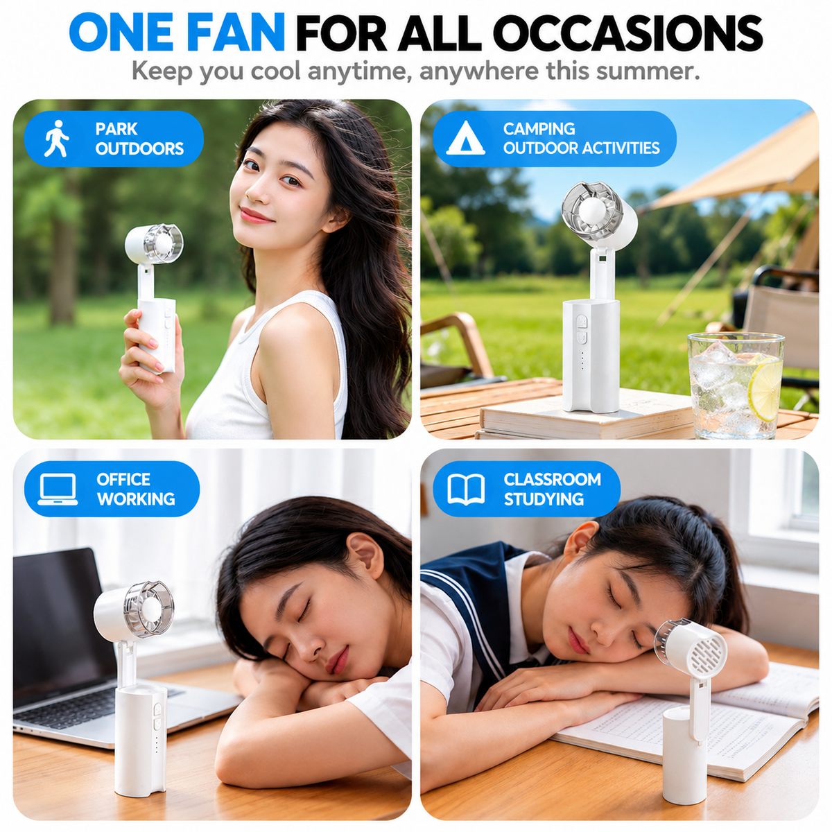Portable Foldable Handheld Fan with LED Light - Mini Desk Fan with 170 Degree Adjustable Head and 3 Light Modes for Travel, Office and Outdoor Use