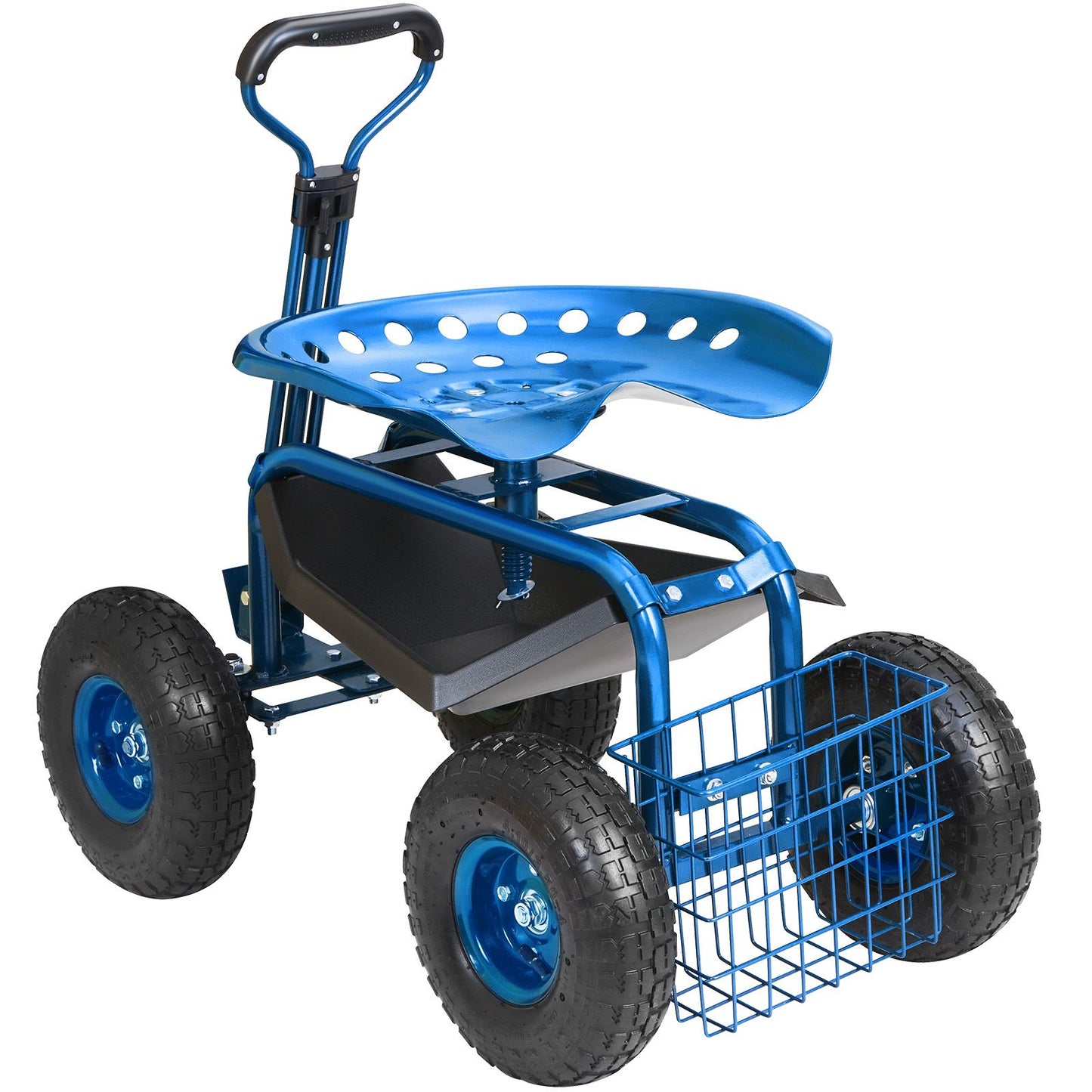 Rolling Garden Cart with Seat and Wheels Extendable Steer Handle Blue