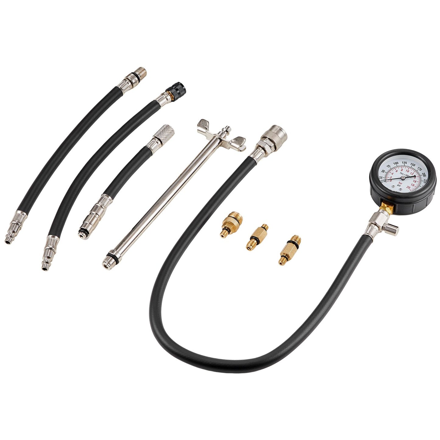 Compression Tester Adapter Kit, 9 Pcs Automotive Engine Cylinder Leak Down Compression Test, Accurate Dual Scale Pressure Gauge 0-300 psi, with Long Reach Hoses and Case for Engine Cylinders