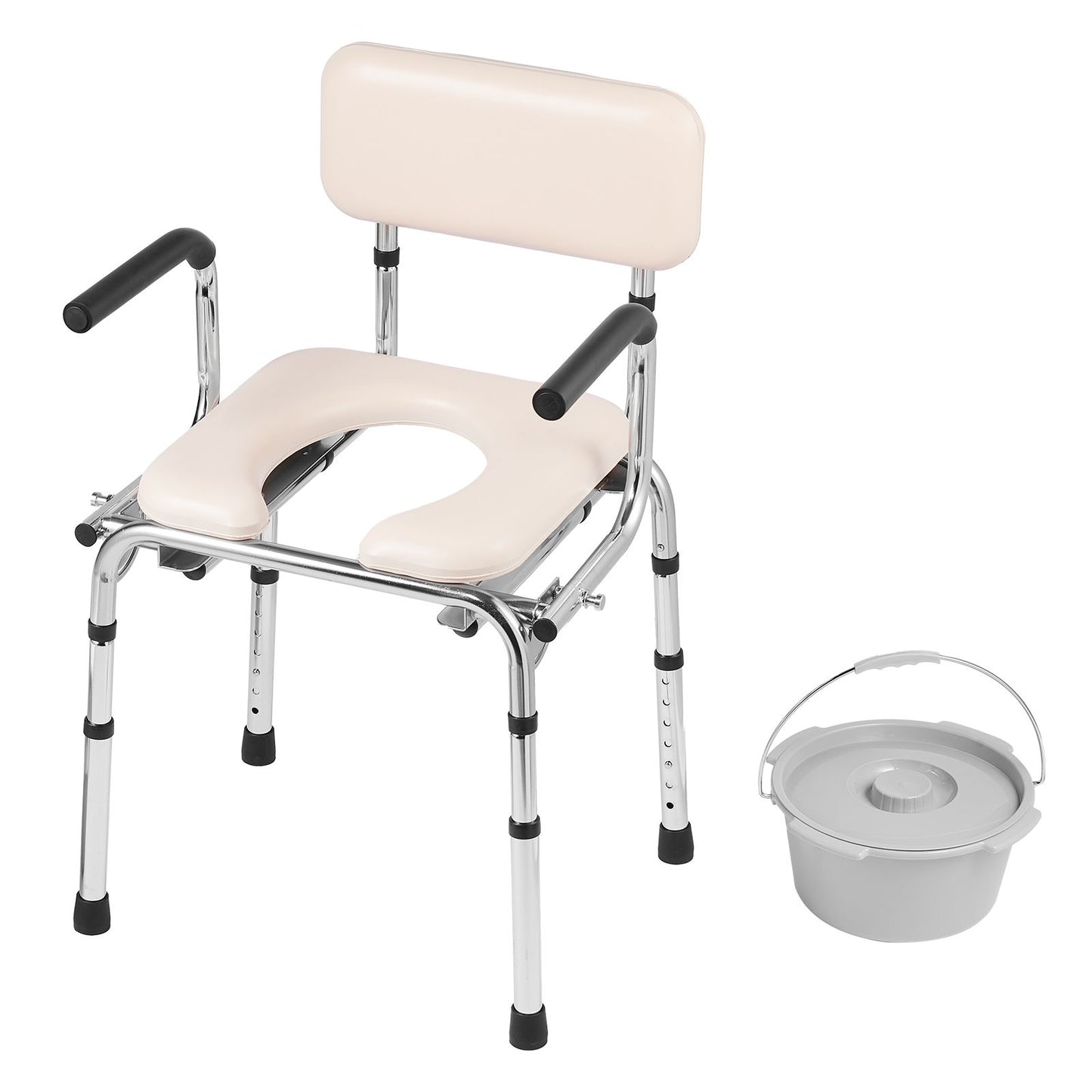 Commode Chair, Bedside Commode with Padded Seat, Drop-Down Arms, 7-Level Adjustable Height, 5.8L Removable Bucket, Easy to Assemble, 350LBS Capacity, Portable Toilet for Adults Seniors