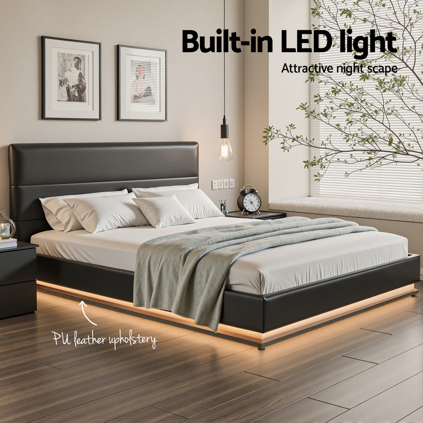 Artiss Bed Frame Queen Size LED Gas Lift Black LUMI