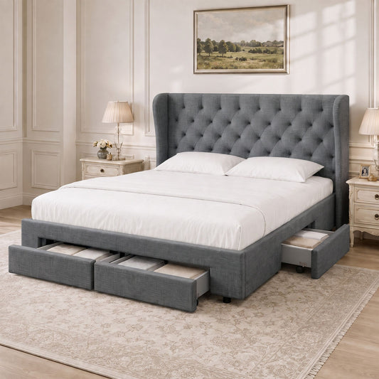 Artiss Bed Frame King Size with 4 Drawers Charcoal MILA