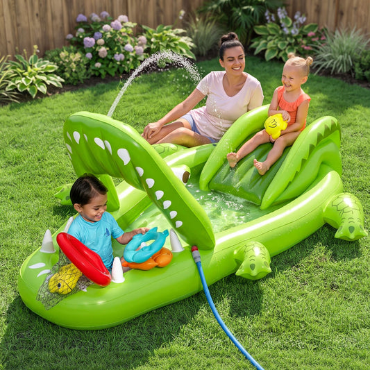Bestway Inflatable Alligator Kids Play Pool with Slide 234cmx163cm Green