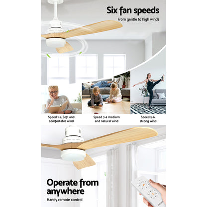 Devanti 52'' Ceiling Fan DC Motor LED Light Remote - Light Wood