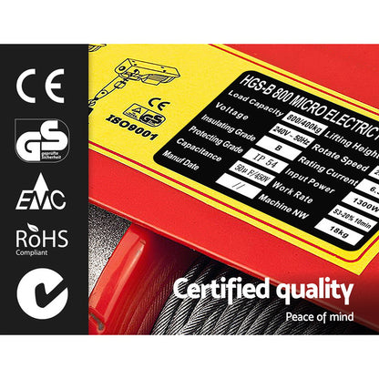 Giantz Electric Hoist Winch 400/800KG Cable 20M Rope Tool Remote Chain Lifting