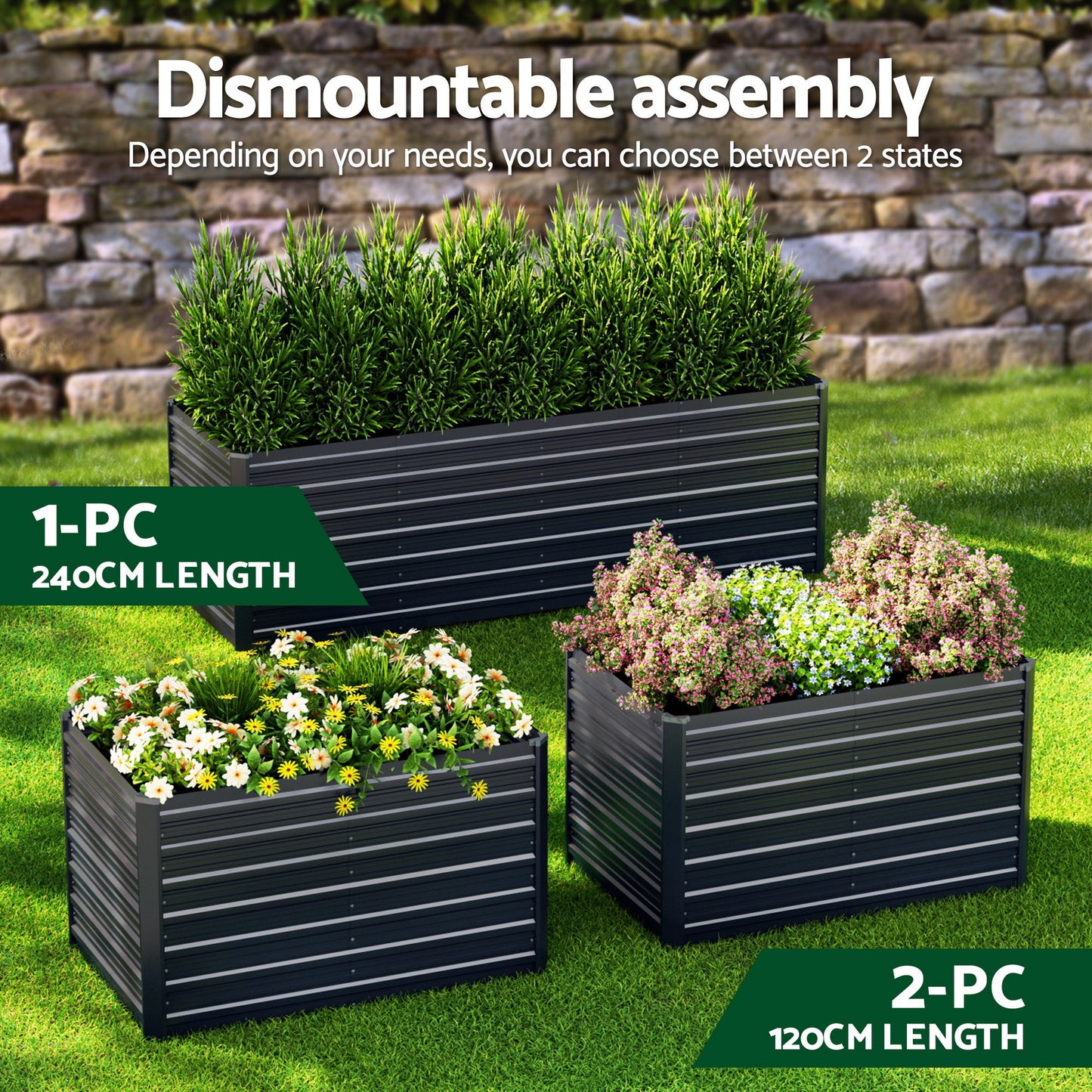 Green Fingers 2-in-1 Raised Garden Bed Kit, 240cm/120cm| 77cm Extra Deep Ergonomic Planter Box | Protect Your Back | Galvanised Steel Vegetable Flower Pot for Outdoor Garden | Includes Gloves & Pegs