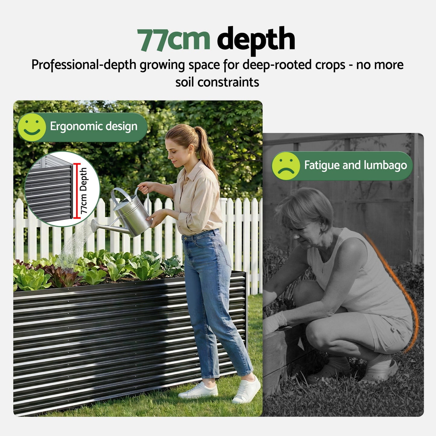 Green Fingers 2-in-1 Raised Garden Bed Kit, 240cm/120cm| 77cm Extra Deep Ergonomic Planter Box | Protect Your Back | Galvanised Steel Vegetable Flower Pot for Outdoor Garden | Includes Gloves & Pegs