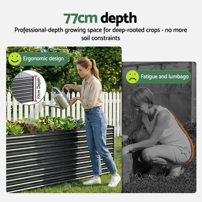 Green Fingers 2-in-1 Raised Garden Bed Kit, 240cm/120cm| 77cm Extra Deep Ergonomic Planter Box | Protect Your Back | Galvanised Steel Vegetable Flower Pot for Outdoor Garden | Includes Gloves & Pegs