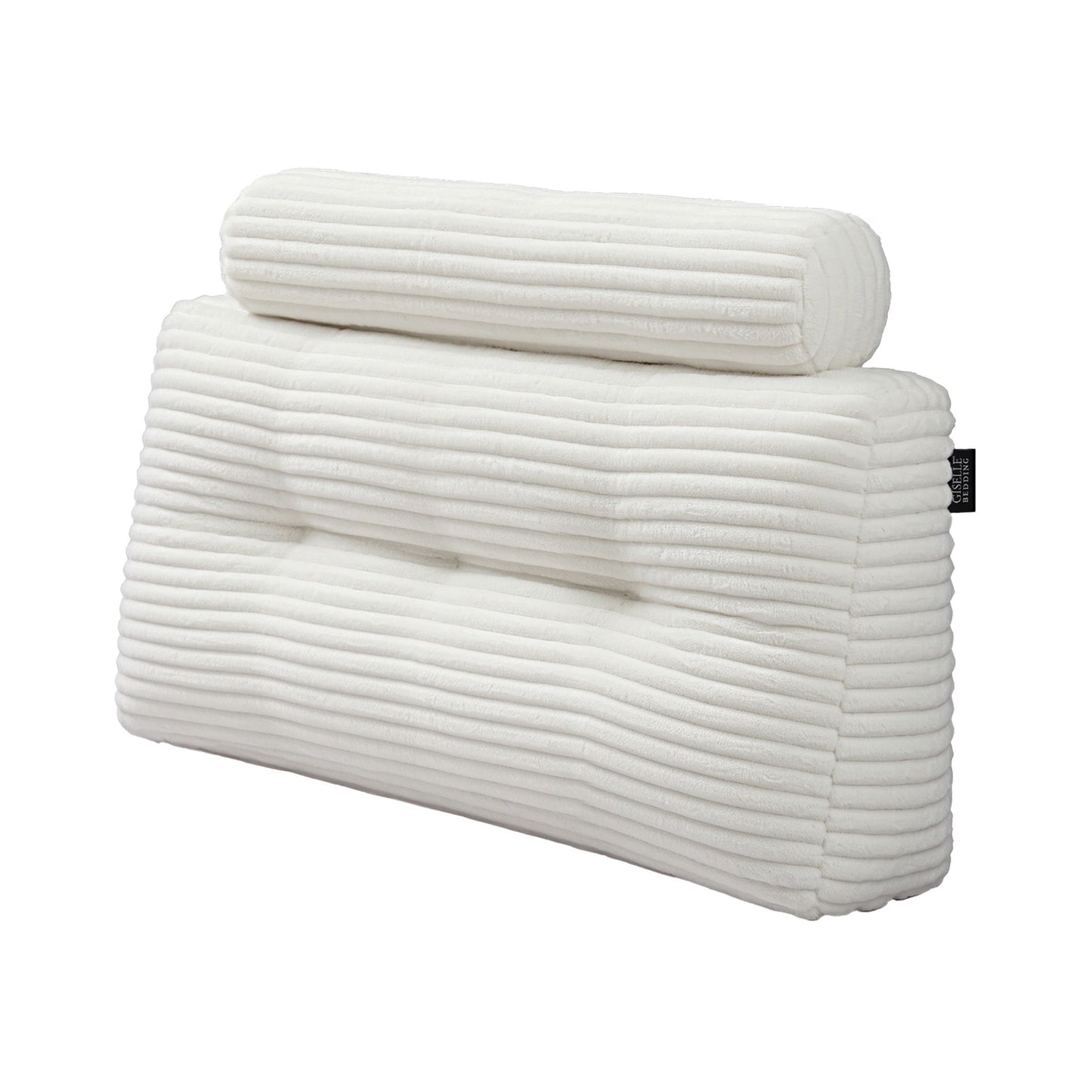 Giselle wedge pillow headboard with non-flattening shredded foam core, perfect for dorm reading or sofa lap desk, 330g corduroy cover, side pockets, King Single