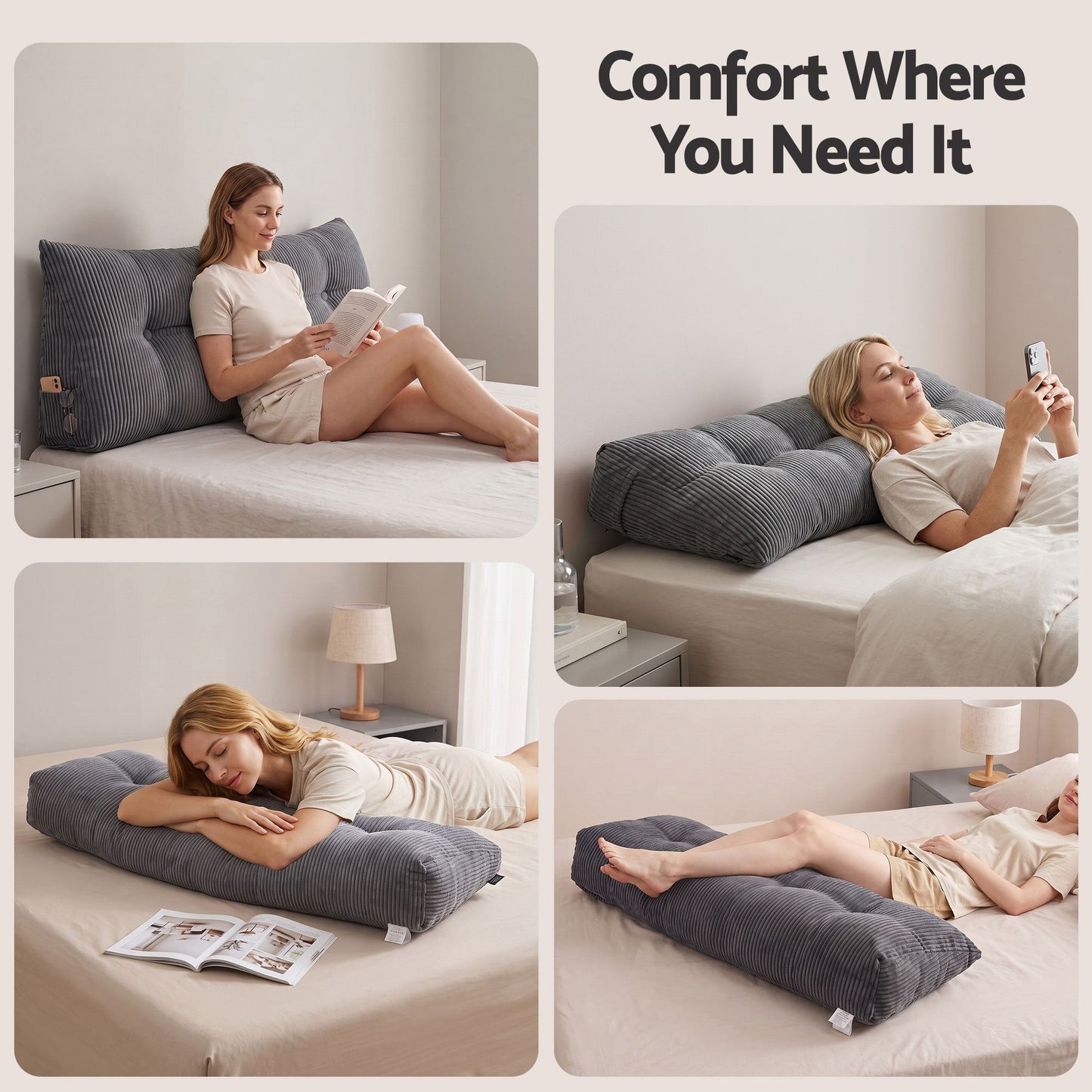 Giselle Headboard Pillow for Sitting in Bed, Upgraded Shredded Foam Reading Wedge Cushion for Lumbar Support, 320g Corduroy Backrest with Side Pockets for Dorm Daybed, Double