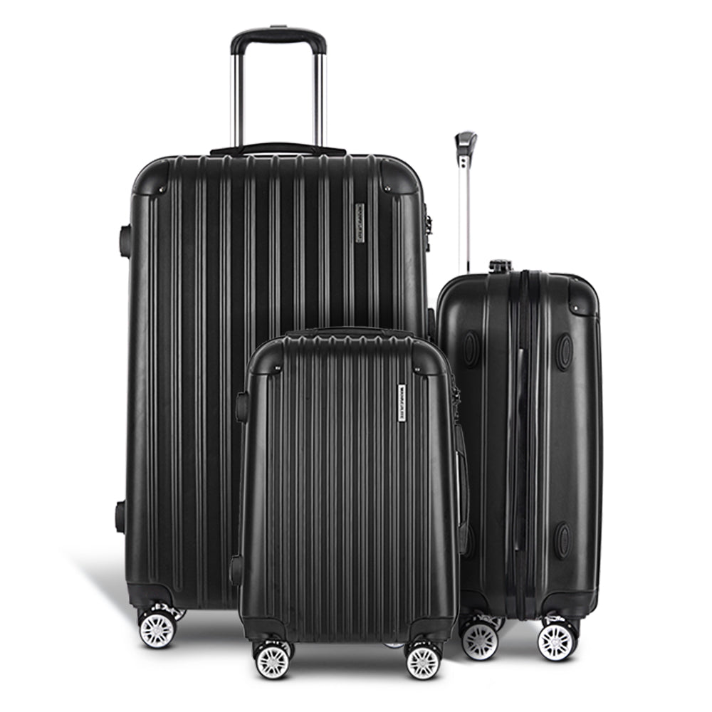 Wanderlite 3pcs LuggageTrolley Set Travel Suitcase Storage Organiser Carry On Hard Case TSA Lightweight Black