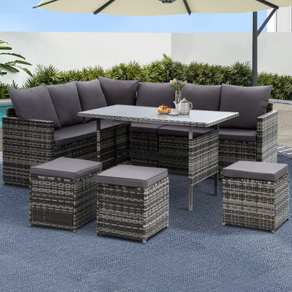 Gardeon Outdoor Furniture Dining Setting Sofa Set Lounge Wicker 9 Seater Mixed Grey