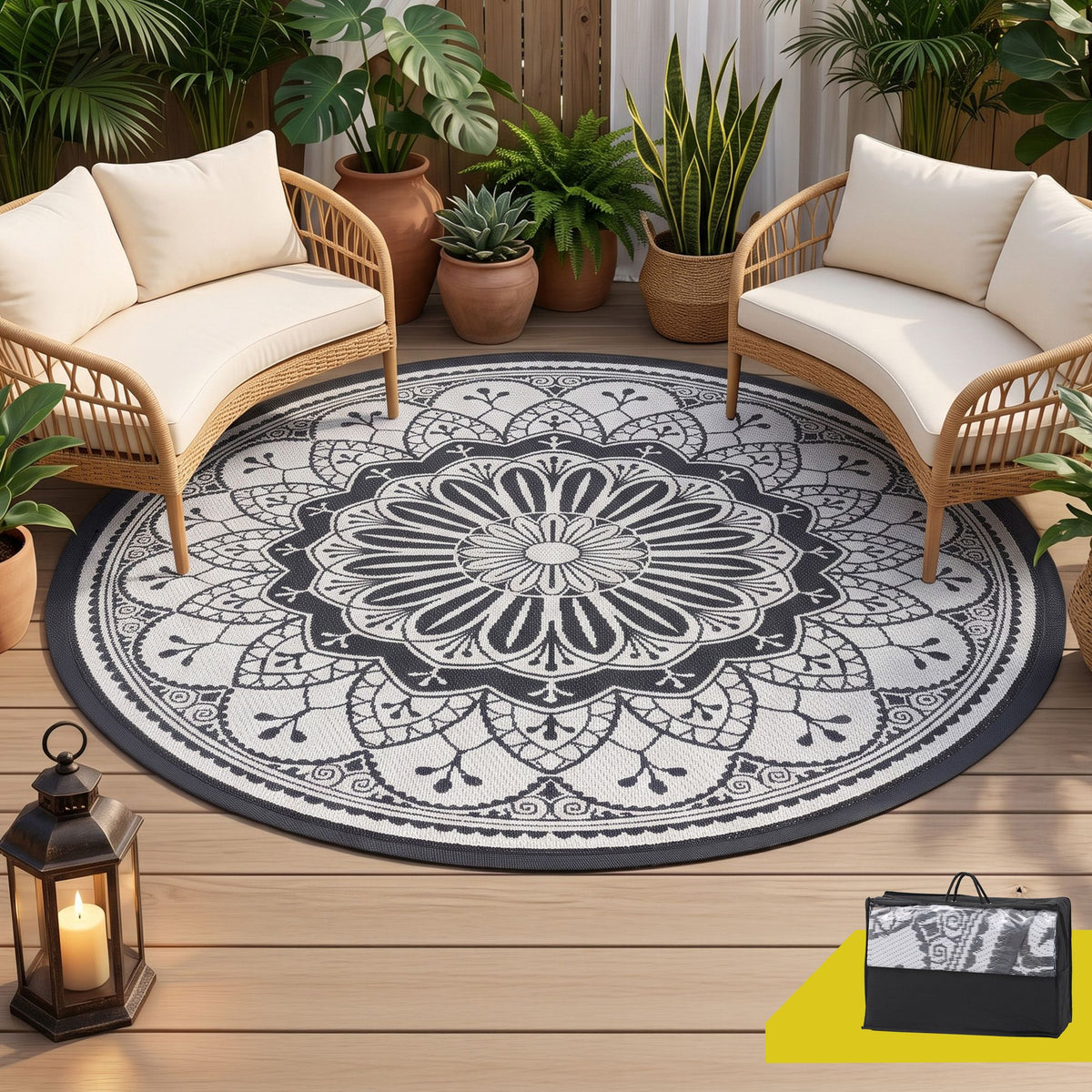 Gardeon 180CM Outdoor Rug Reversible Carpet PP Area Mat Patio Rugs Round Grey