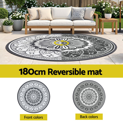 Gardeon 180CM Outdoor Rug Reversible Carpet PP Area Mat Patio Rugs Round Grey
