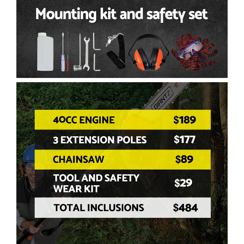 Giantz 40CC Pole Chainsaw Hedge Trimmer Brush Cutter Whipper Saw 4-Stroke 7-in-1