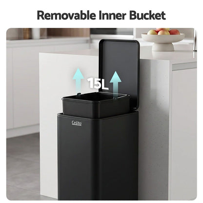 Cefito 15L Pedal Rubbish Bin Slim Carbon Steel Garbage Bin for Home Black