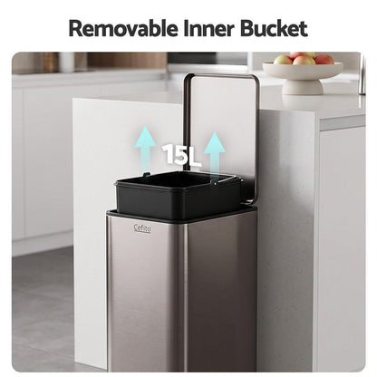 Cefito 15L Pedal Rubbish Bin Slim Carbon Steel Garbage Bin for Home Grey