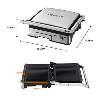 Devanti 2000W 3-in-1 Panini Press Grill Sandwich Maker 180° Open 4 Slice