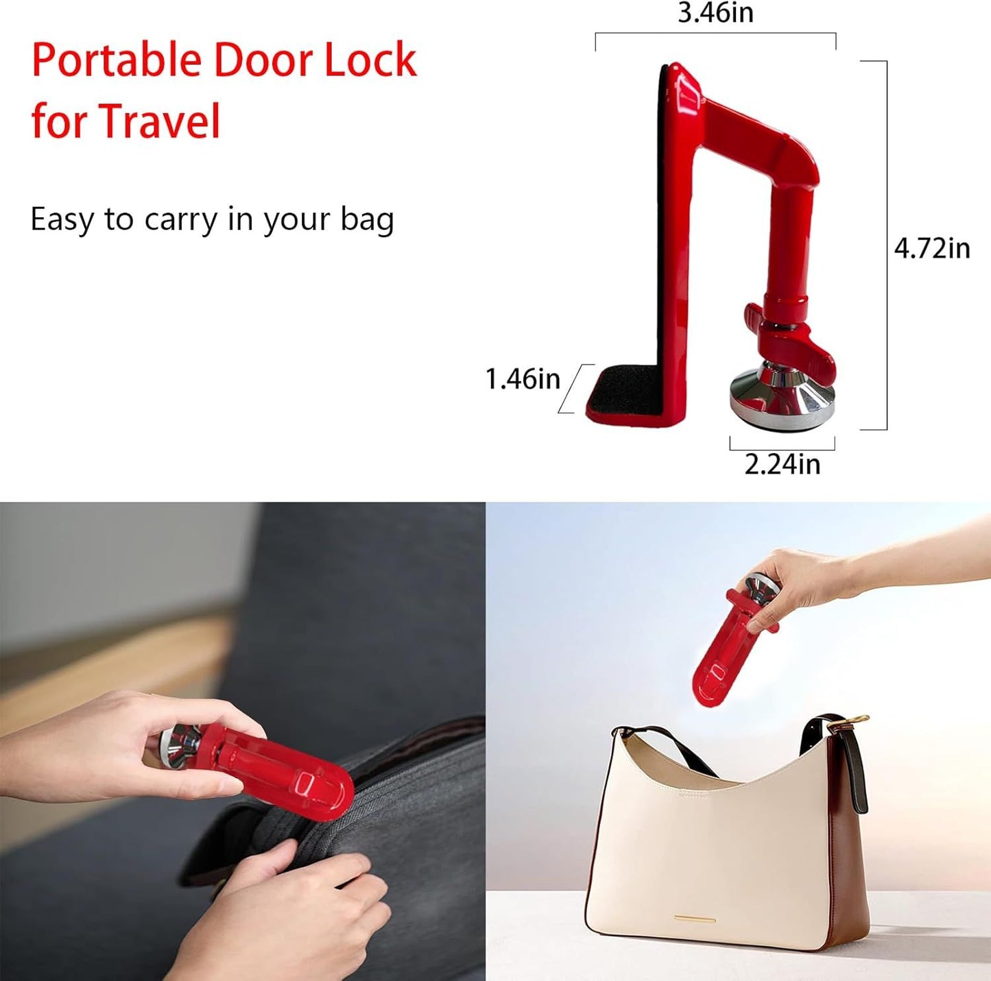 Heavy Duty Portable Door Lock for Travel, Adjustable Door Stopper for Home Security, No Drill Anti-Theft Door Jammer for Women, Kids, Solo Living (Red)