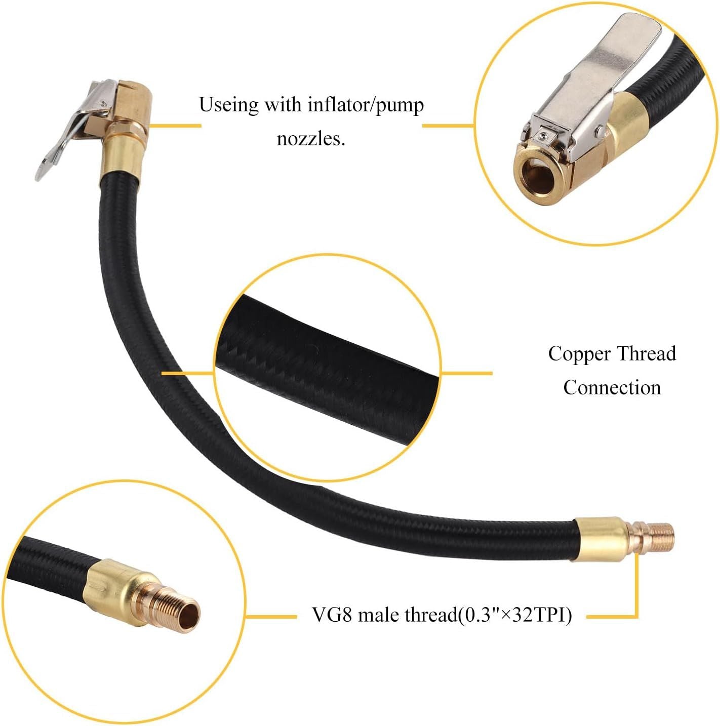 2PCS Tire Inflator Extension Hose with Quick Connect Chuck, Universal Air Pump Adapter for Car, Motorcycle, Bicycle, Heavy-Duty Nylon & Copper (Black)